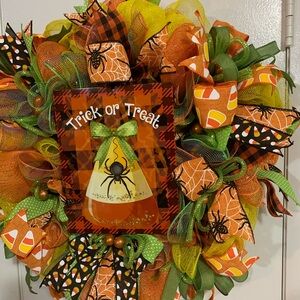 Hand Crafted Trick or Treat Wreath - Orange, Green, Black